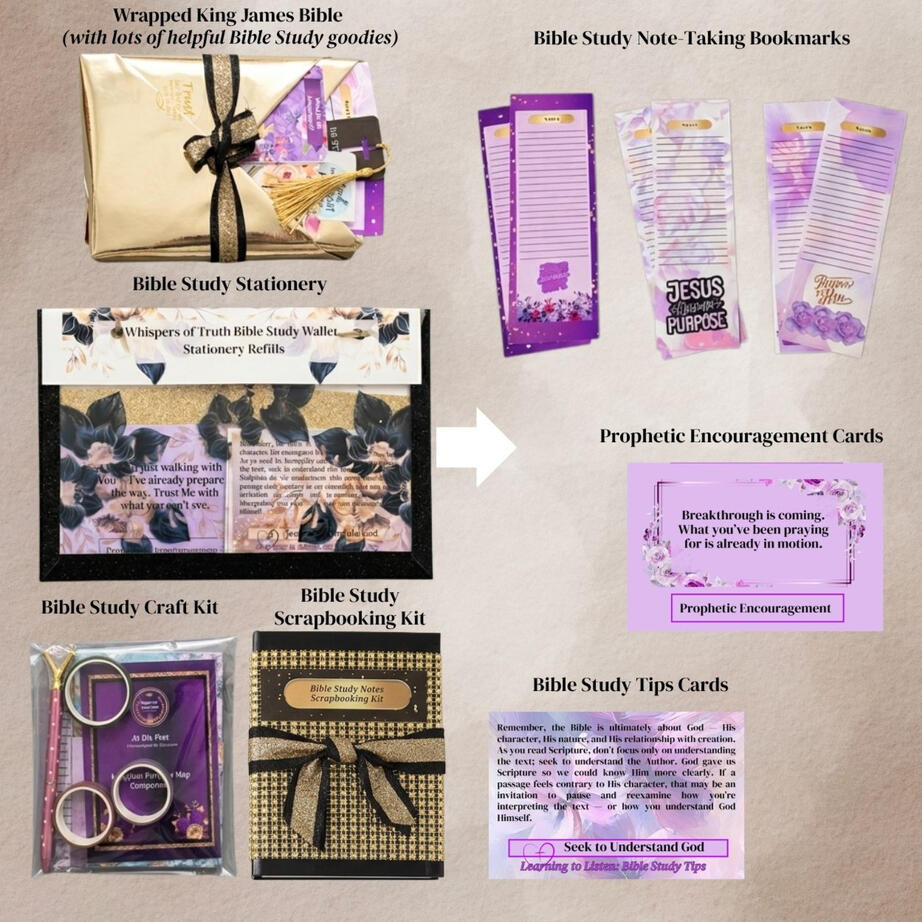 Flat lay of gold edition of Bible study kit including KJV Bible, prayer cards, bookmarks, stickers, and journaling supplies