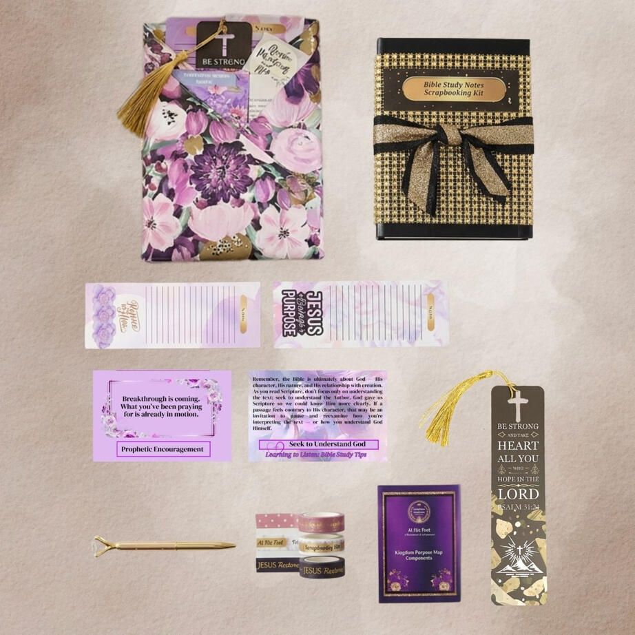Christian Bible Study Kit for Women Flat lay of floral edition of Bible study kit including KJV Bible, prayer cards, bookmarks, stickers, and journaling supplies