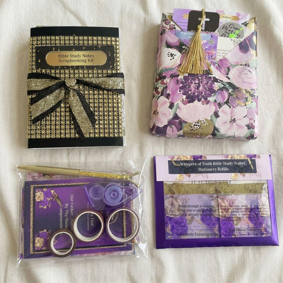 Bible study starter kit with floral wrapped KJV Bible and other kit materials