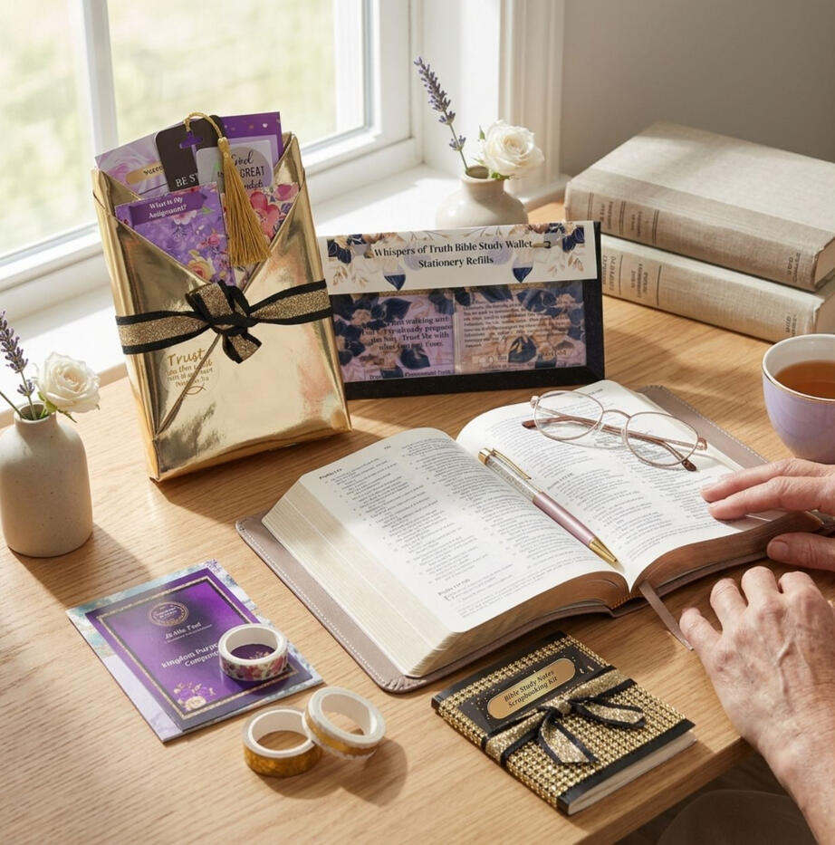 Women show studying the Bible using a gold Bible study kit with study materials and journaling tools